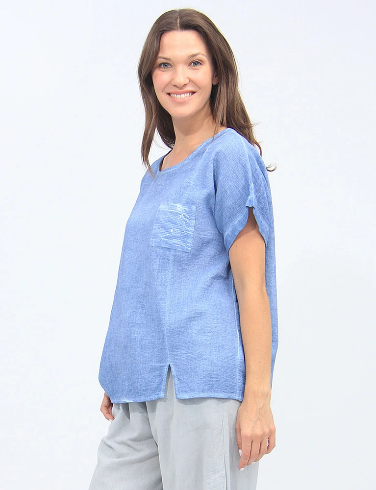 Sequin Pocket Short Sleeves Front Slit Cotton-Linen Top By Froccella