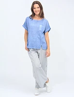 Sequin Pocket Short Sleeves Front Slit Cotton-Linen Top By Froccella