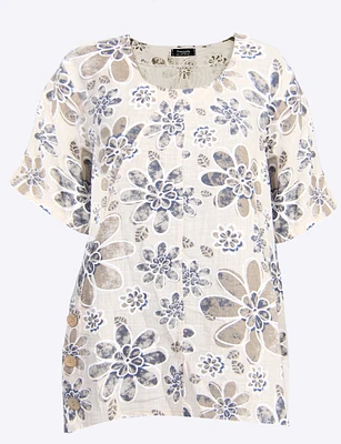 Linen Blend Floral Print Tunic With Front Button Detail And Pockets By Froccella