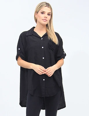 3D Flower Button-down Shirt with Three-Quarter Adjustable Sleeves by Froccella