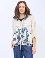 Printed Blue Floral Linen Blend Hooded Zip-up by Froccella