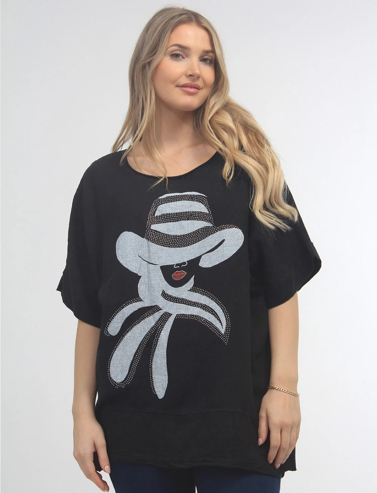 Linen Front Top With Print of Woman Hat and Rhinestones By Froccella