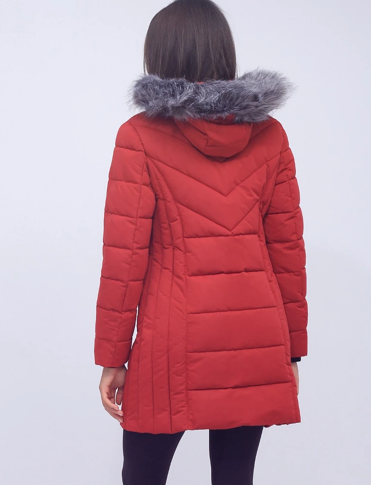 Vegan Quilted Polyloft Coat With Inner Zip-up Bib and Faux Fur Trim by Snoboll