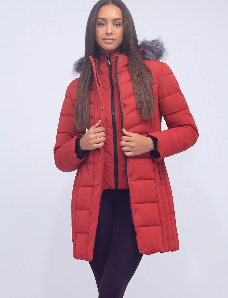 Vegan Quilted Polyloft Coat With Inner Zip-up Bib and Faux Fur Trim by Snoboll