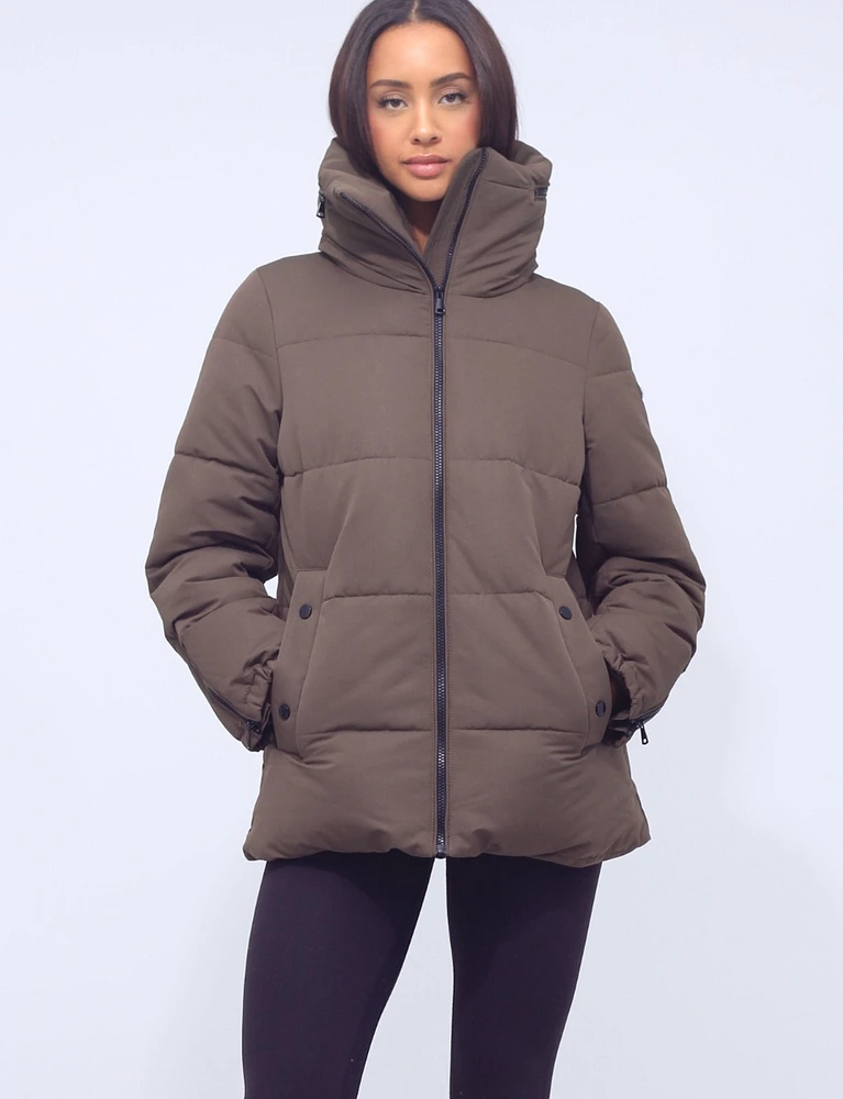 Vegan Polyloft Puffer Extra High Pillow Collar Concealed Hood Jacket by Saki