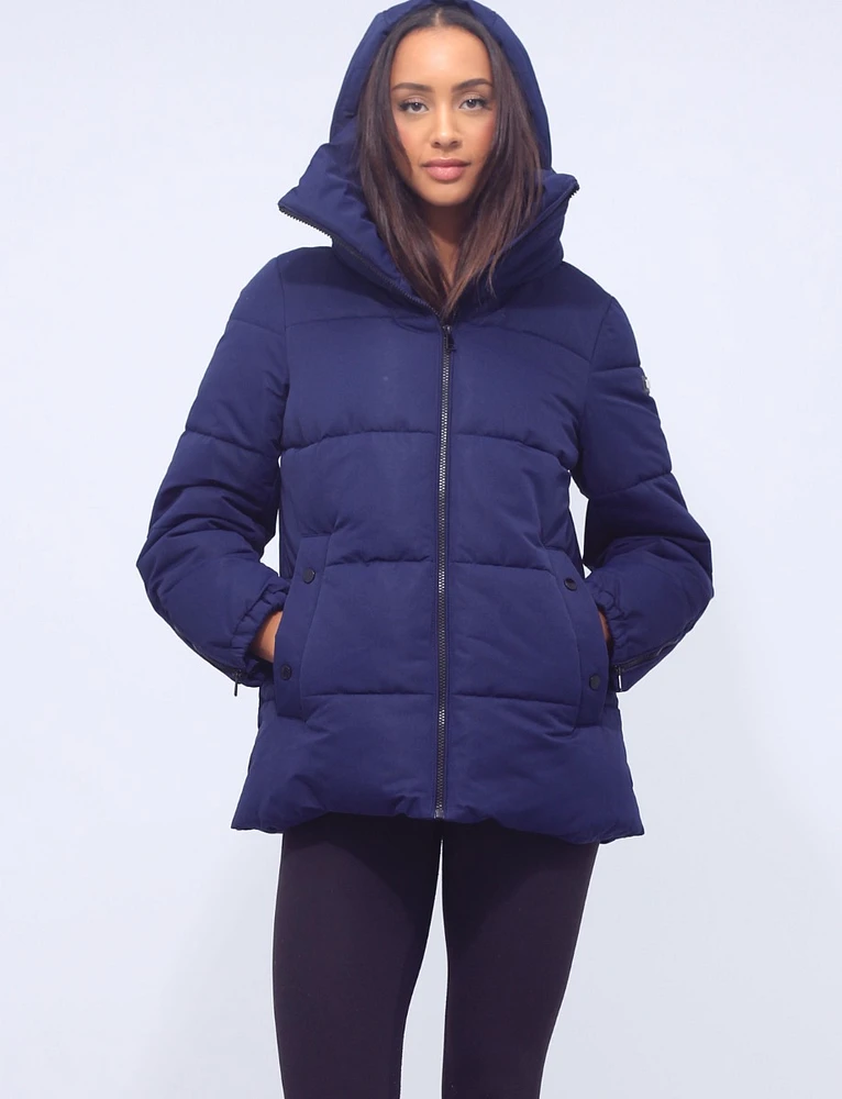 Vegan Polyloft Puffer Extra High Pillow Collar Concealed Hood Jacket by Saki