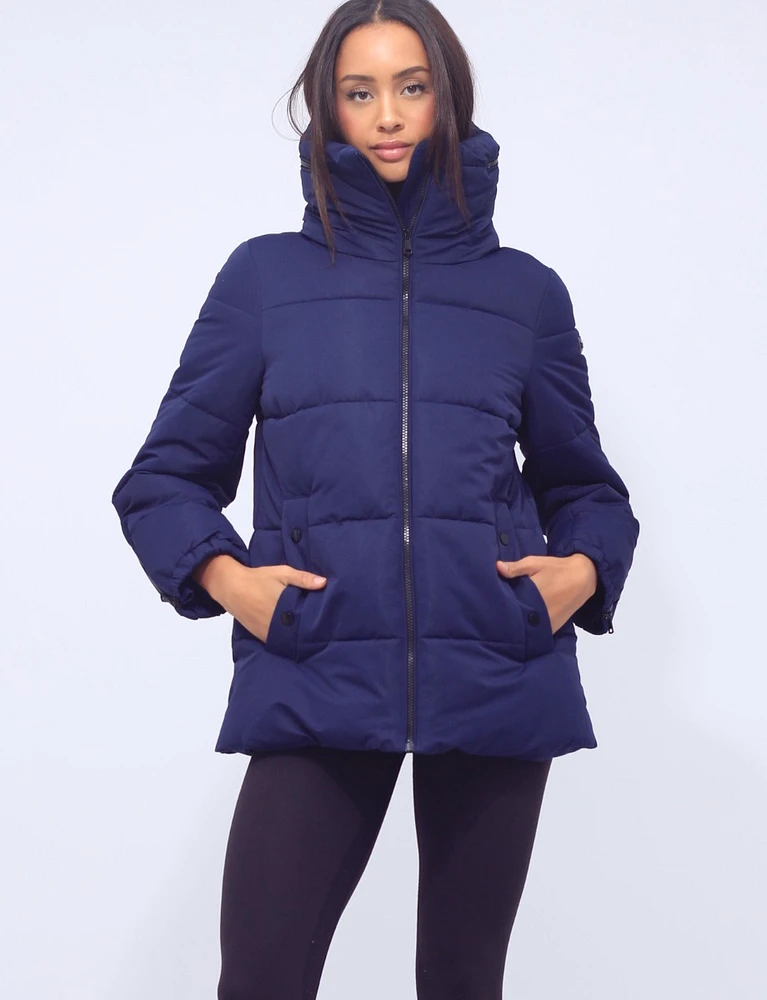 Vegan Polyloft Puffer Extra High Pillow Collar Concealed Hood Jacket by Saki