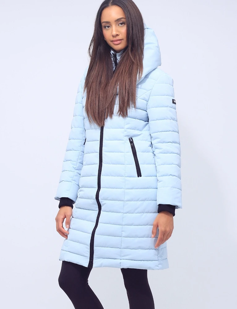 Vegan Long Hooded Pillow Collar Zip-Front Polyloft Puffer Jacket by Saki