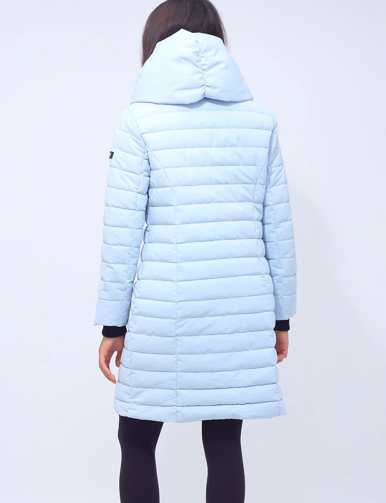 Vegan Long Hooded Pillow Collar Zip-Front Polyloft Puffer Jacket by Saki