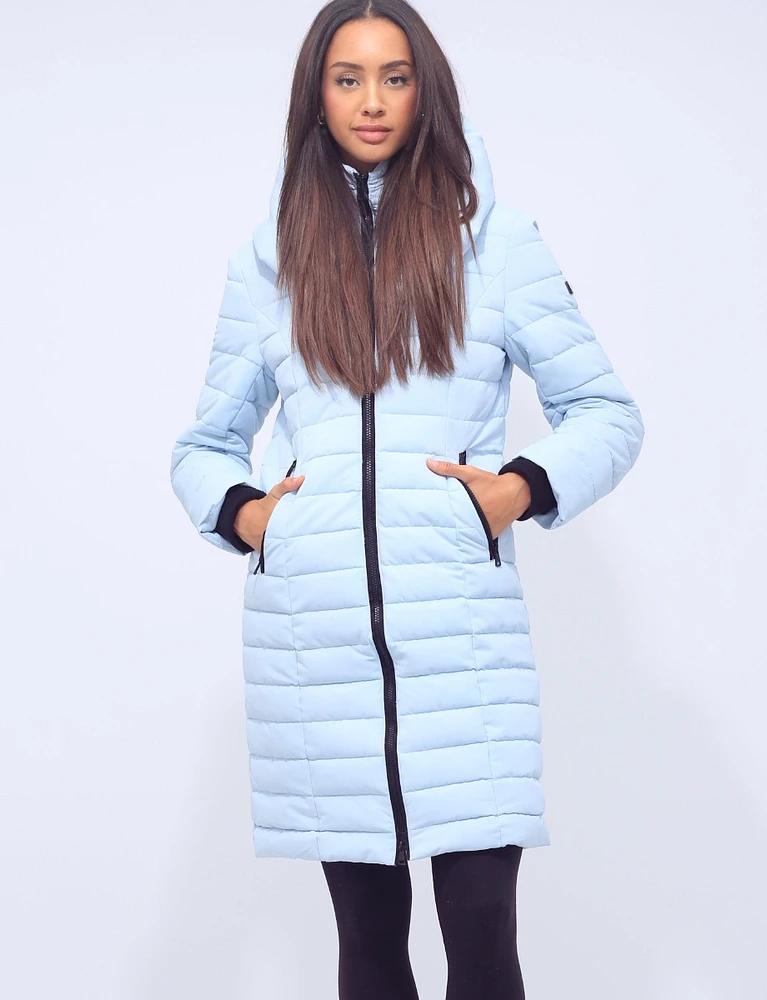 Vegan Long Hooded Pillow Collar Zip-Front Polyloft Puffer Jacket by Saki