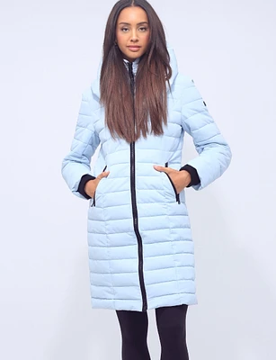 Vegan Long Hooded Pillow Collar Zip-Front Polyloft Puffer Jacket by Saki