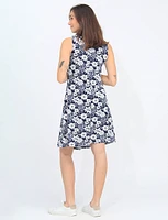 Navy Floral Sleeveless A-Line Front Pleat Dress By Vamp