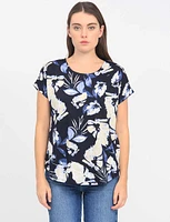 Blue And Beige Floral Round Neck Cap Sleeve Stretch Top by Vamp