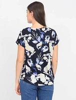 Blue And Beige Floral Round Neck Cap Sleeve Stretch Top by Vamp