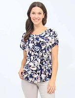 Round Neck Cap Sleeves Navy And Pink Printed Tunic By Vamp