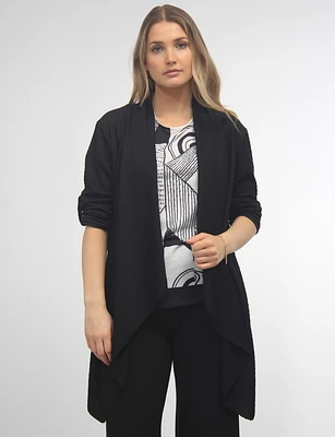 Crinkled Draped Front Pointed Hem Adjustable Sleeve Long Cardigan By Froccella