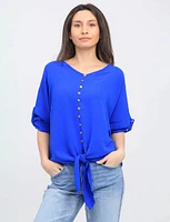 Crinkled Button Down V-Neck Blouse with Front Tie by Froccella