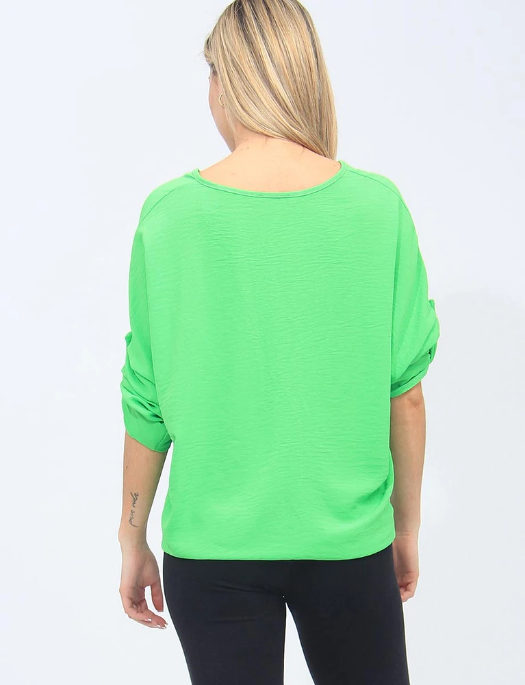 Crinkled Button Down V-Neck Blouse with Front Tie by Froccella