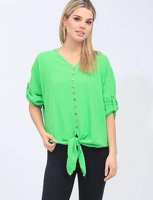 Crinkled Button Down V-Neck Blouse with Front Tie by Froccella