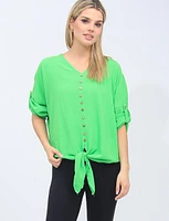 Crinkled Button Down V-Neck Blouse with Front Tie by Froccella