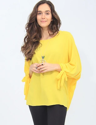 Round Neck Loose Fit Tie Sleeve Top with Elegant Necklace by Froccella