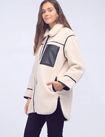 Vegan Faux Leather Trim Zip Front Sherpa Shacket by Saki