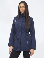 Vegan Adjustable Cinched Waist Windbreaker with Detachable Hood by Saki Sport