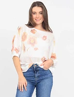 Floral Knit Boatneck Three-Quarter Dolman Sleeves Top by Froccella