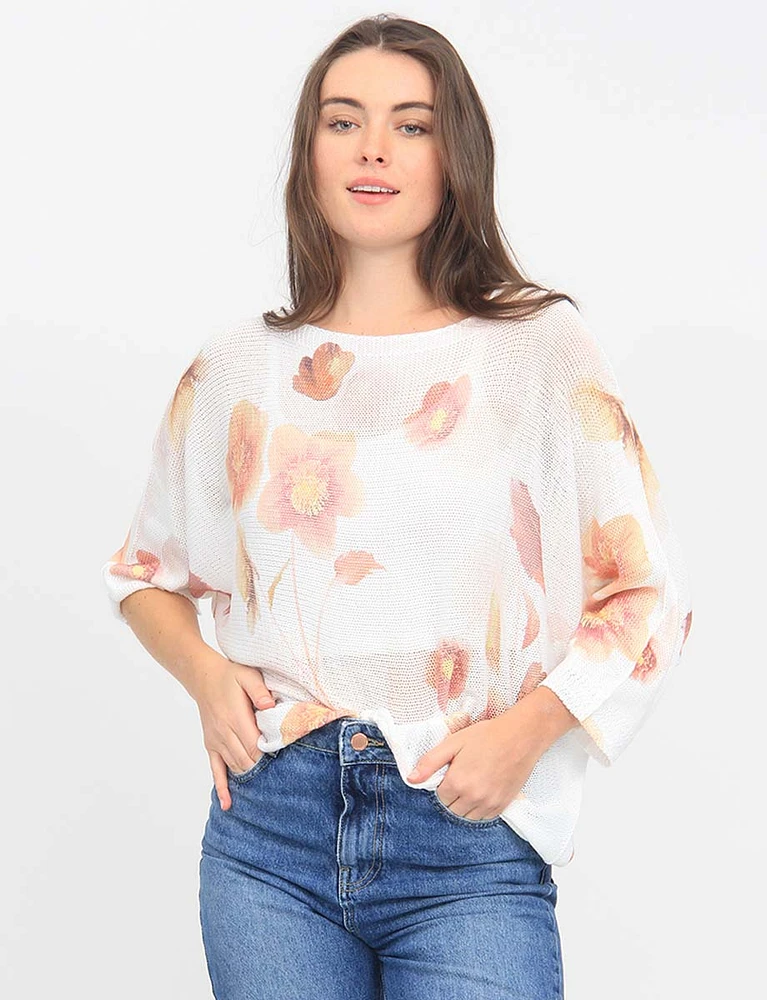 Floral Knit Boatneck Three-Quarter Dolman Sleeves Top by Froccella