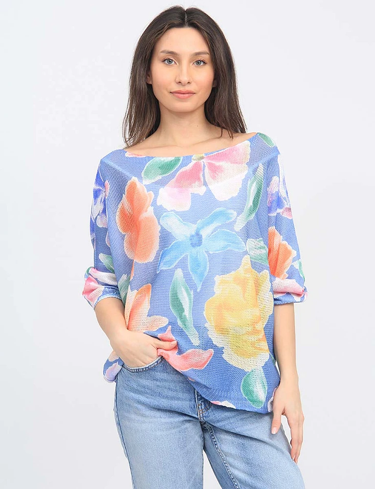 Watercolour Floral Print Three-Quarter Dolman Sleeve Knit Top by Froccella