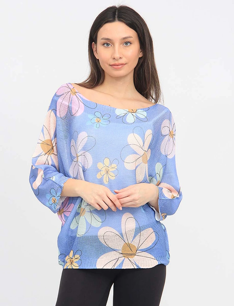 Floral Print Black Outline Three-Quarter Dolman Sleeve Knit Top by Froccella