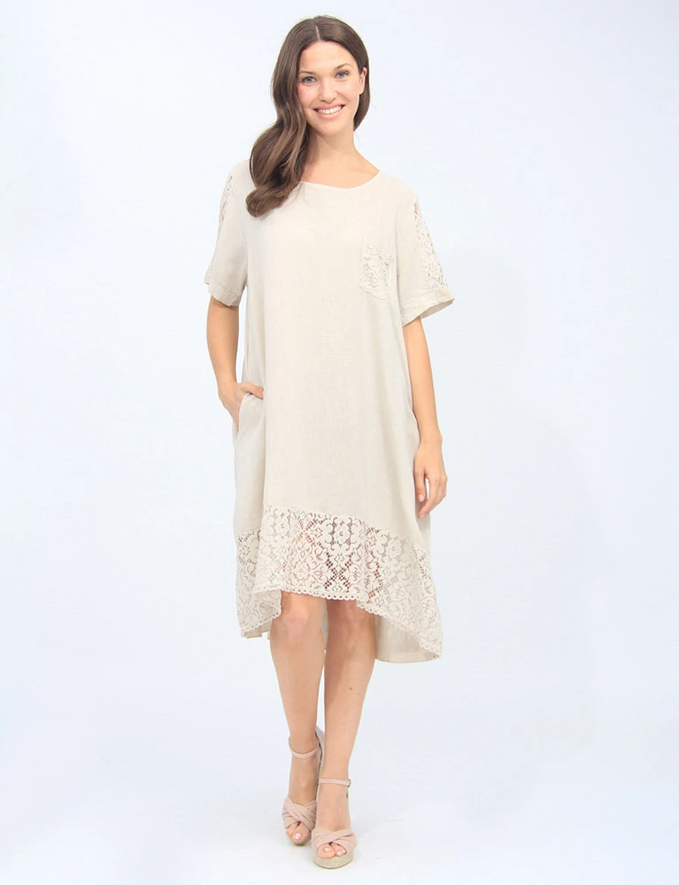 High Low Linen-Blend Lace Detail Dress by Froccella