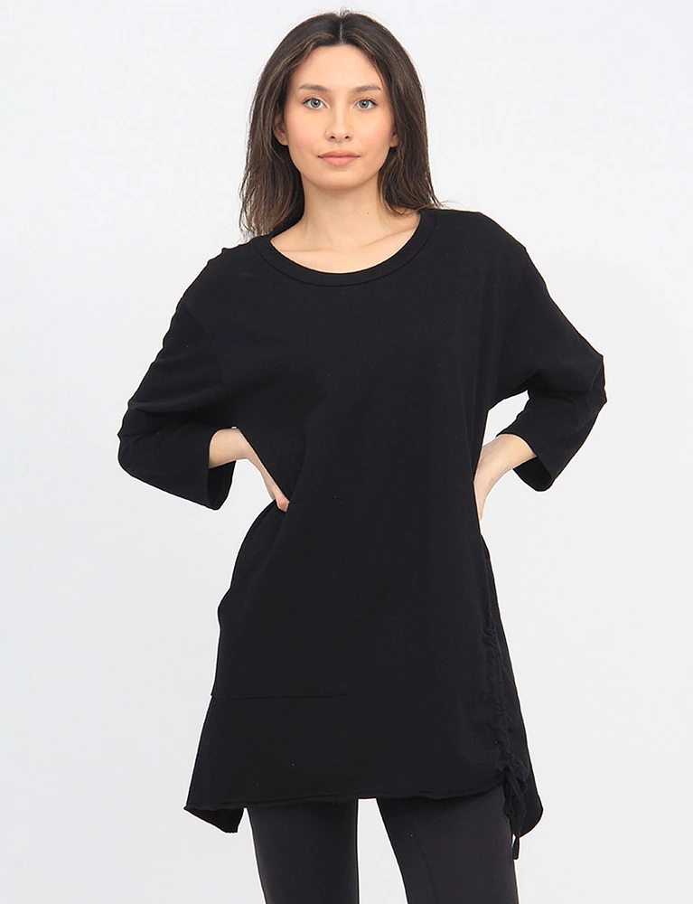 Solid Three-Quarter Sleeves Tunic with Drawstring and Pocket by Froccella