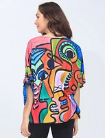 Vibrant Abstract Eye Print Tie-Sleeve Boatneck Top by Froccella