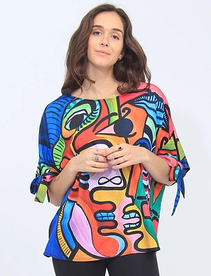 Vibrant Abstract Eye Print Tie-Sleeve Boatneck Top by Froccella