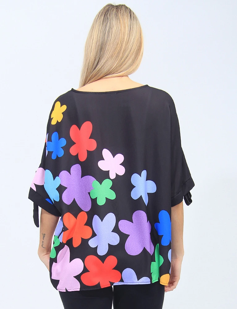 Tie Sleeve Round Neck Colourful Floral Print Top by Froccella