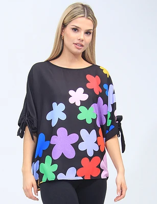 Tie Sleeve Round Neck Colourful Floral Print Top by Froccella