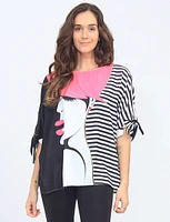 Woman and Stripe Print Round Neck Tie-Sleeve Top By Froccella