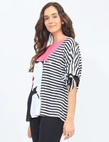 Woman and Stripe Print Round Neck Tie-Sleeve Top By Froccella