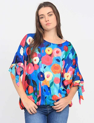 Vibrant Floral Pattern Tie-Sleeve Loose Fit Blouse by Froccella