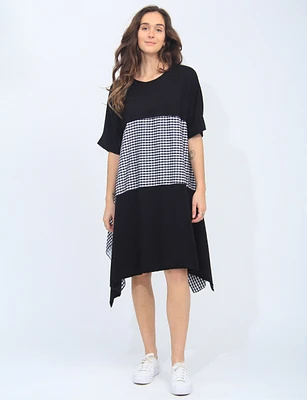 Patchwork Plaid and Black Short Sleeve Asymmetrical Hem Dress by Froccella
