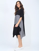 Patchwork Plaid and Black Short Sleeve Asymmetrical Hem Dress by Froccella
