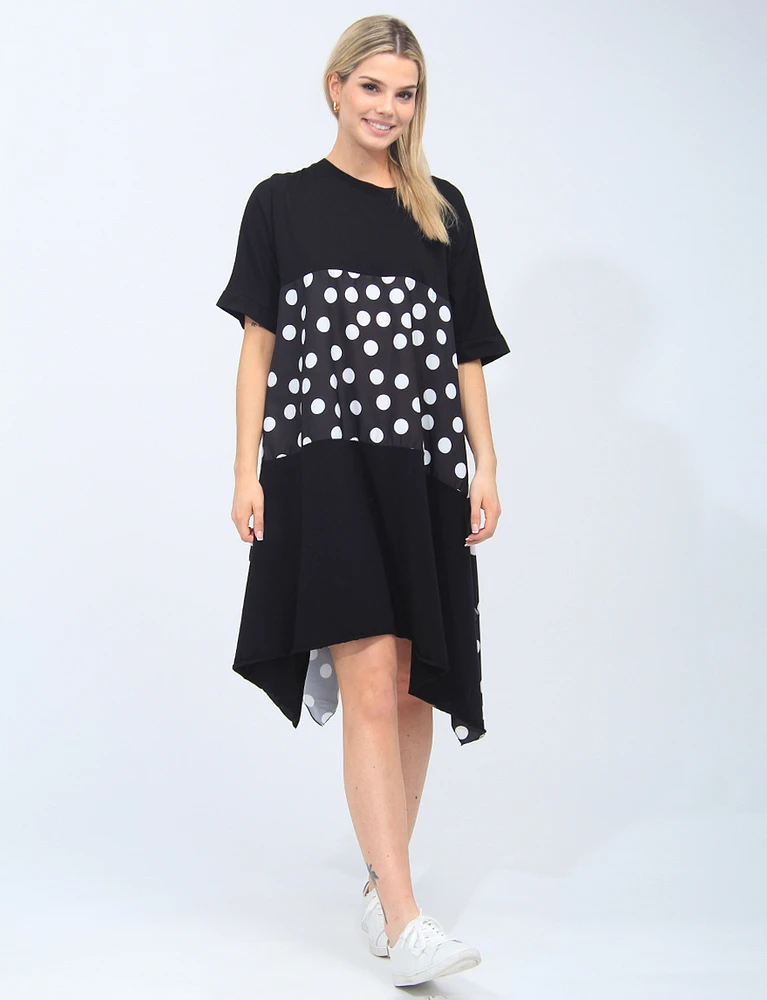 Asymmetrical Black and White Polka Dot Round Neck Dress By Froccella