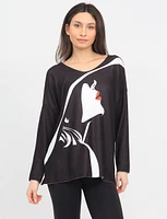 Soft V-Neck Long Sleeve Black and White Face Print Top by Froccella