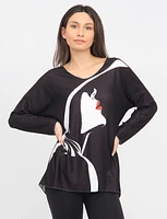 Soft V-Neck Long Sleeve Black and White Face Print Top by Froccella