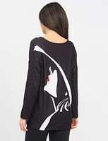 Soft V-Neck Long Sleeve Black and White Face Print Top by Froccella