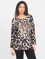 Leopard Print Long Sleeve V-Neck Silver Stitching Top by Froccella