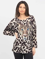 Leopard Print Long Sleeve V-Neck Silver Stitching Top by Froccella