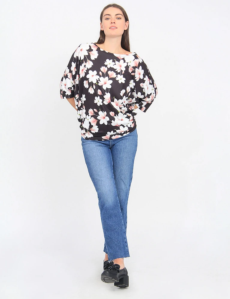 Soft Floral Print Three-Quarter Dolman Sleeve Top by Froccella