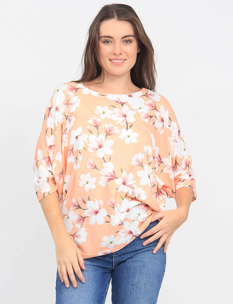 Soft Floral Print Three-Quarter Dolman Sleeve Top by Froccella